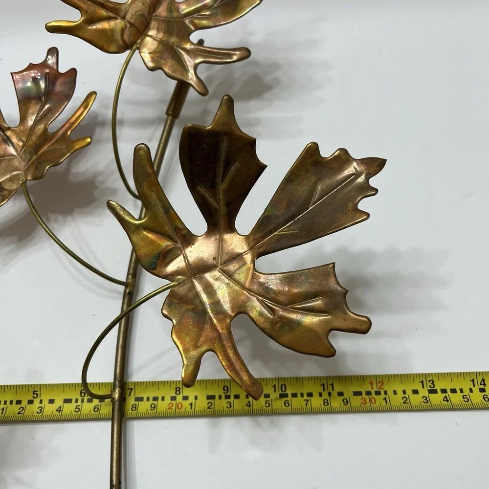 Vintage Brutalist-Style Wall Art Copper Toned Maple Leaves Metal Stem 12x15